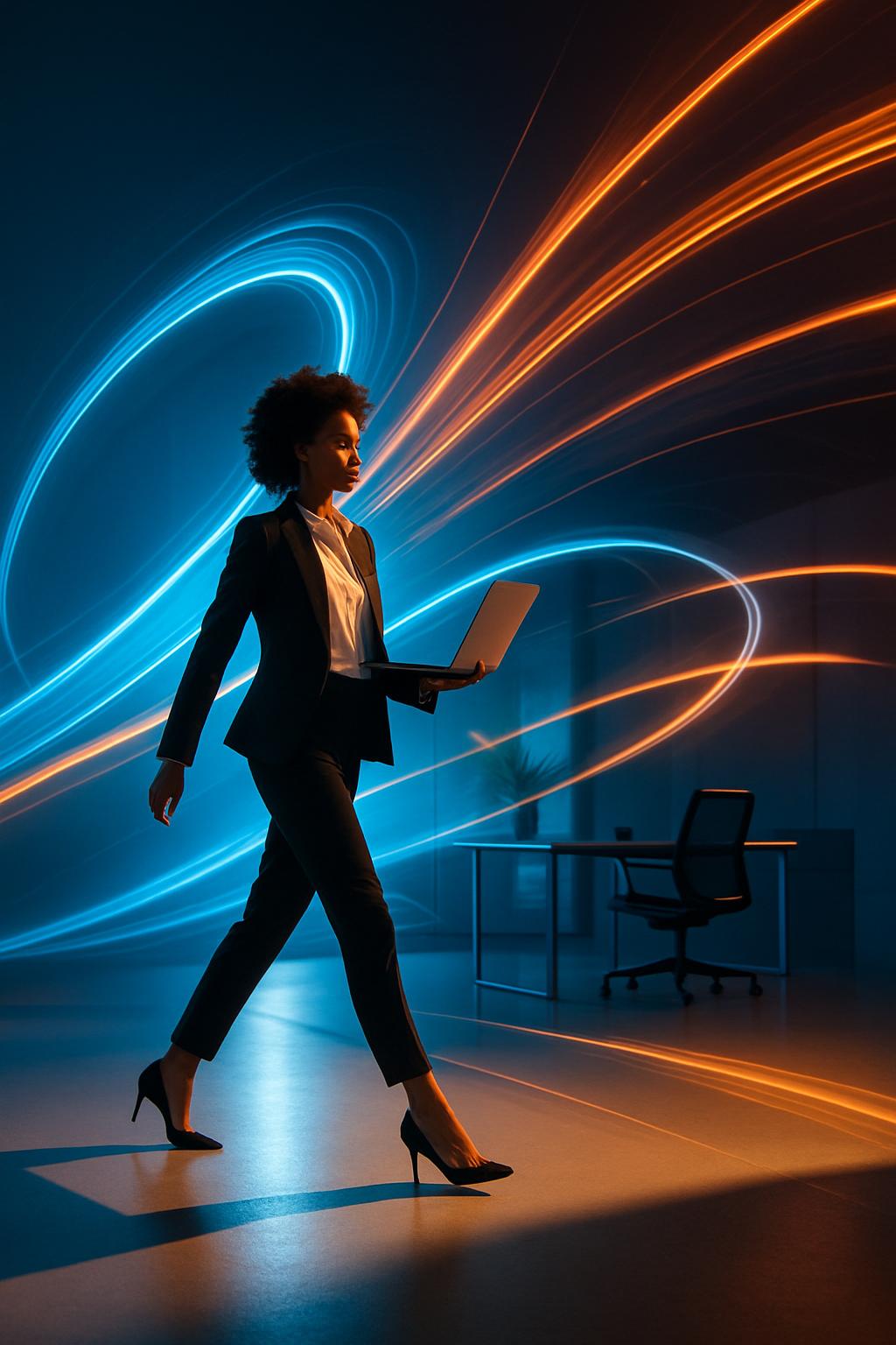 The woman is walking out of an office carrying a laptop. The most prominent feature in the image is the blue and orange li...