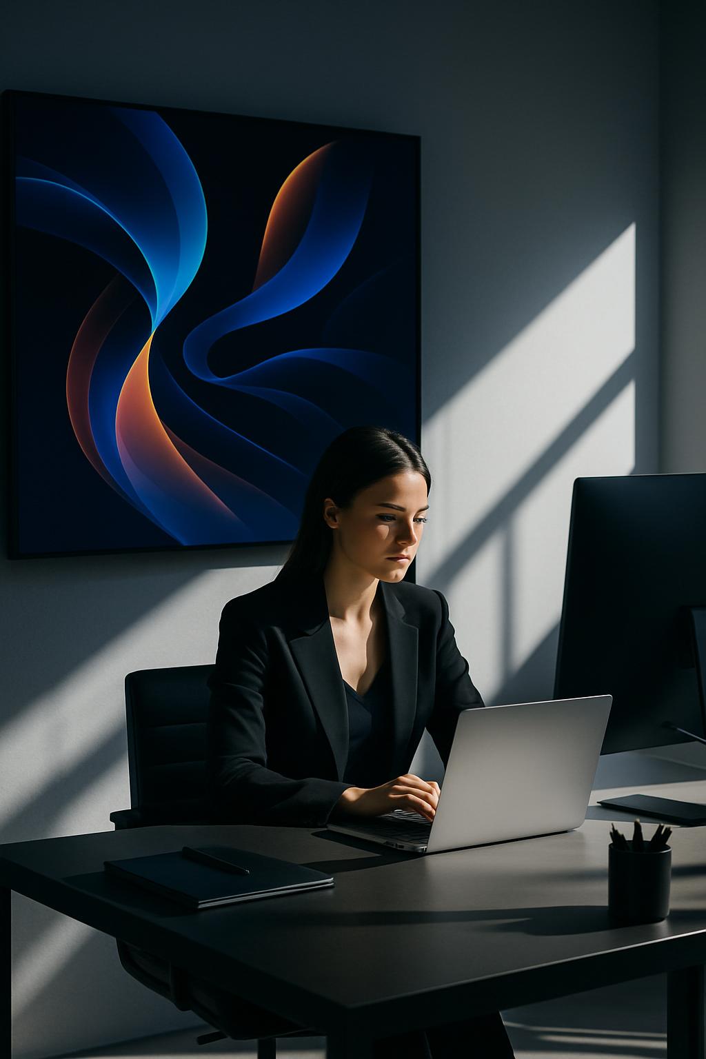 A Hispanic woman in a black top suit working on a laptop in a dark office with stress-inducing artwork on the wall.
