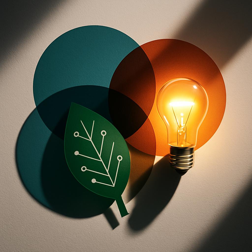 A simplistic, multicolored lit bulb with an orthogonal and electronic green leaf next to it.