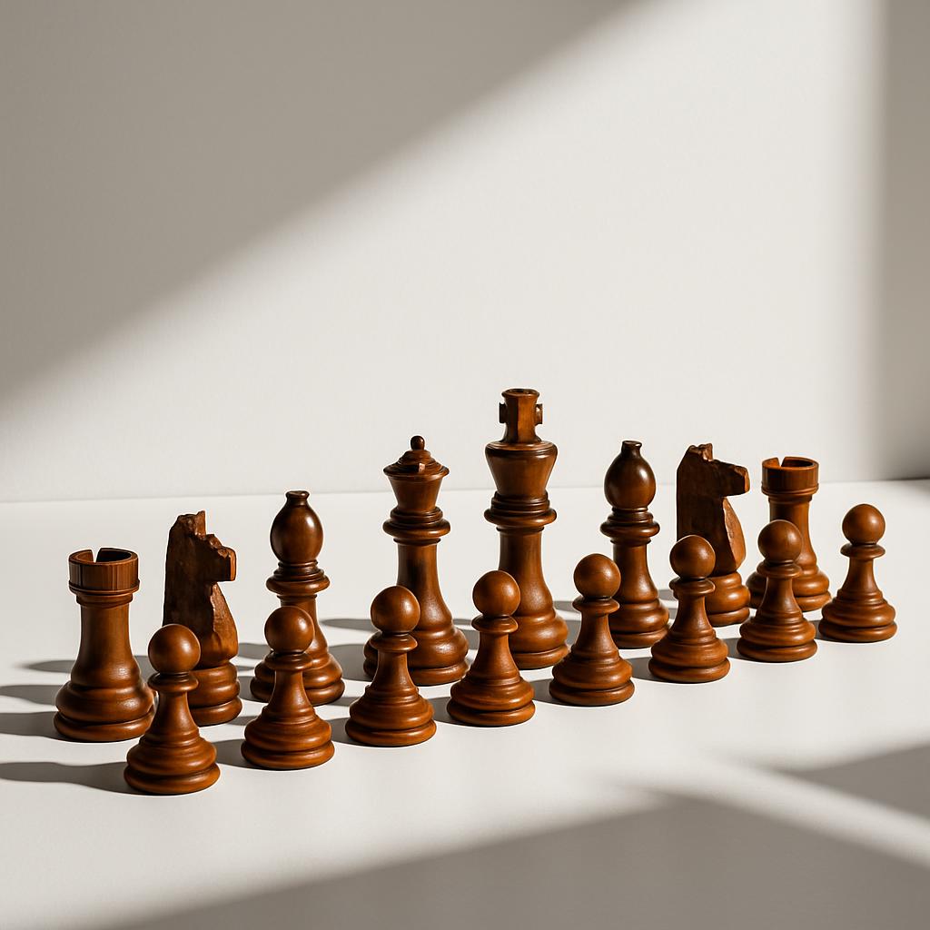 A chess set consisting of dark wooden pieces arranged on a solid white surface, set against a white wall with diagonal lig...