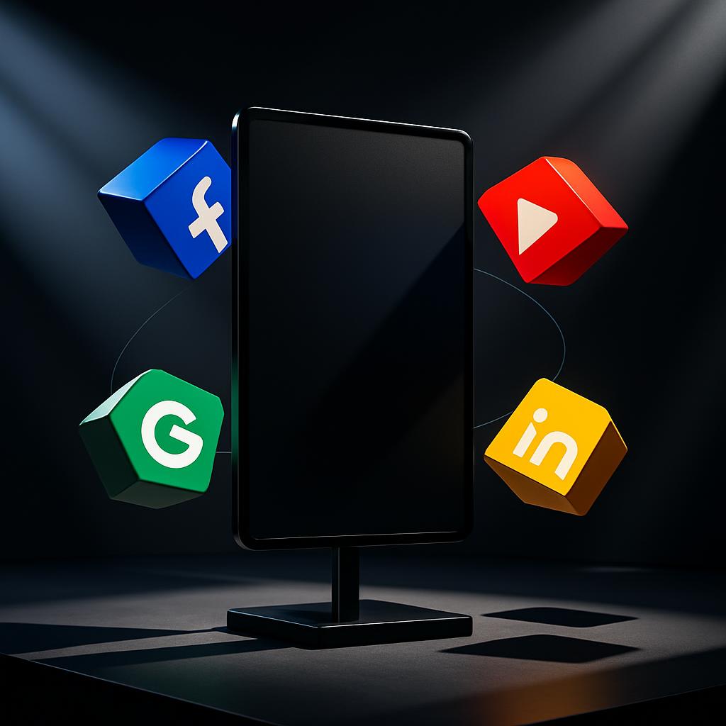 Object detected. A generic tablet is on stand with four floating cubes displaying the logos of social media platforms: Fac...