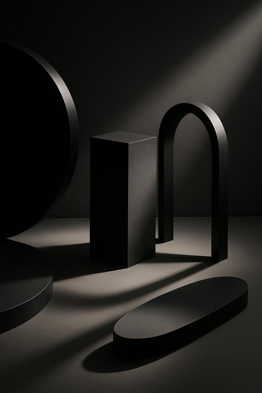 A modern, monochromatic still life featuring abstract shapes in black and gray, illuminated by spotlights.